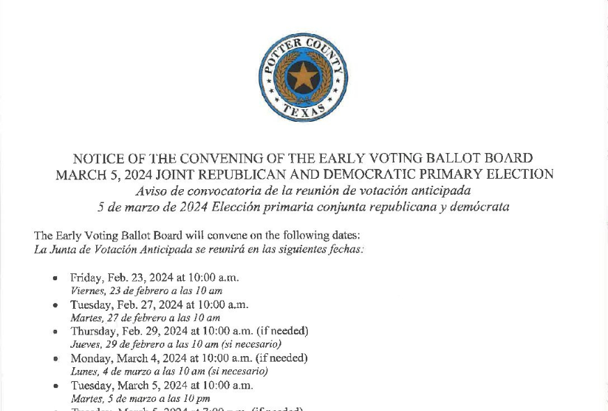 Notice of the Convening of the Early Voting Ballot Board March 5, 2024 Joint Republican and Democrat Primary Election